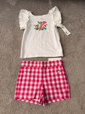 BNWT Janie and Jack pink bird and gingham short set size 4T